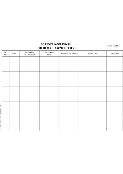 Diş Protez Laboratuvarı Protokol Kayıt Defteri