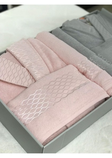 Yumuşak ve şık aile bornoz seti, rahat pamuk, 6 parçalı gri-pudra tonlarında fiyatları