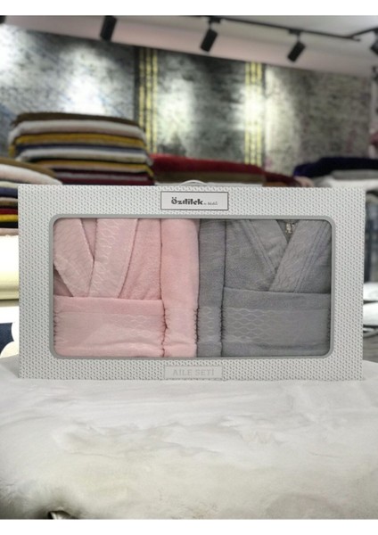 Yumuşak ve şık aile bornoz seti, rahat pamuk, 6 parçalı gri-pudra tonlarında fırsatları