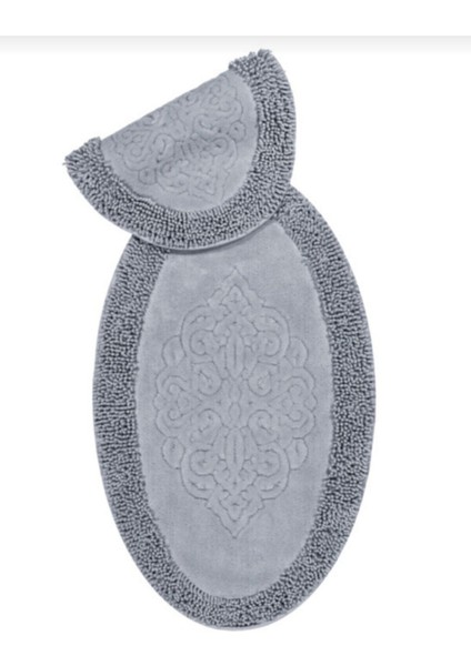 %100 Pamuk Oval Osmanlı Desenli 2'li Klozet Takımı, Kaymaz Taban, 60x100, Gri