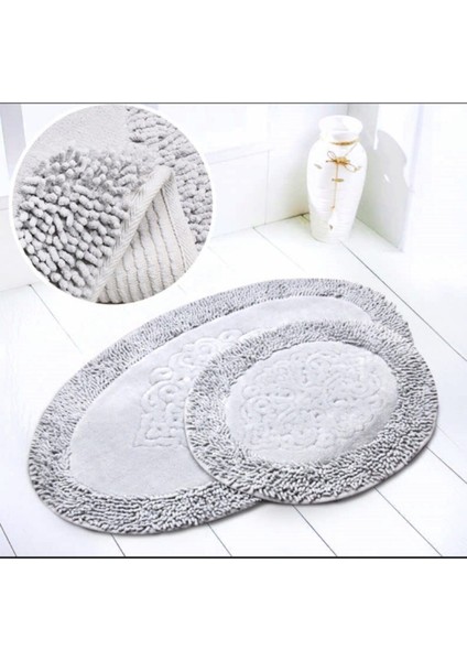 %100 Pamuk Oval Osmanlı Desenli 2'li Klozet Takımı, Kaymaz Taban, 60x100, Gri fiyatları