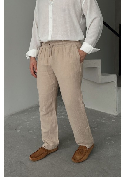 Nori Erkek Pamuk Baggy Fit Muslin Basic Kumaş Pantolon