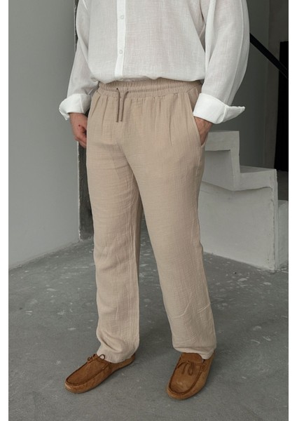 Nori Erkek Pamuk Baggy Fit Muslin Basic Kumaş Pantolon