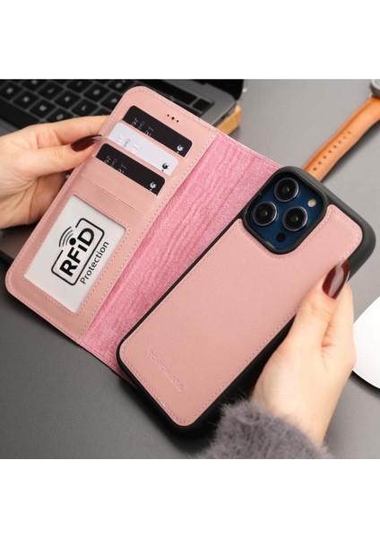 Casper iPhone 15 Pro Kılıf - El Yapımı Hakiki Deri - Manyetik Ayrılabilen Cüzdanlı Kılıf - Pembe