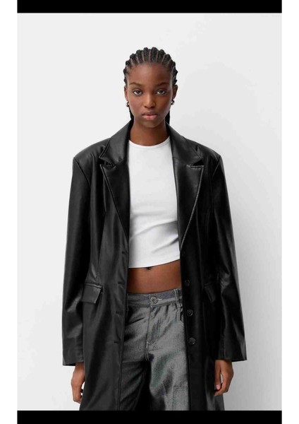 Allbucks Bershka, Özel Dikim Belden Oturtmalı Uzun Suni Deri Kaban ABBRS1018