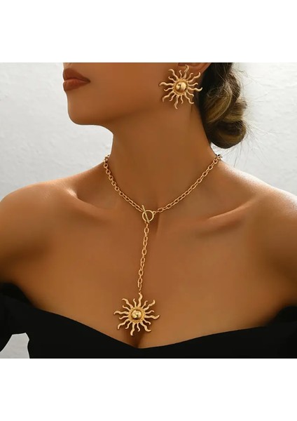 Gold Dekolte Güneş Kolye Küpe Set Şık Kadın Kolye Küpe Set