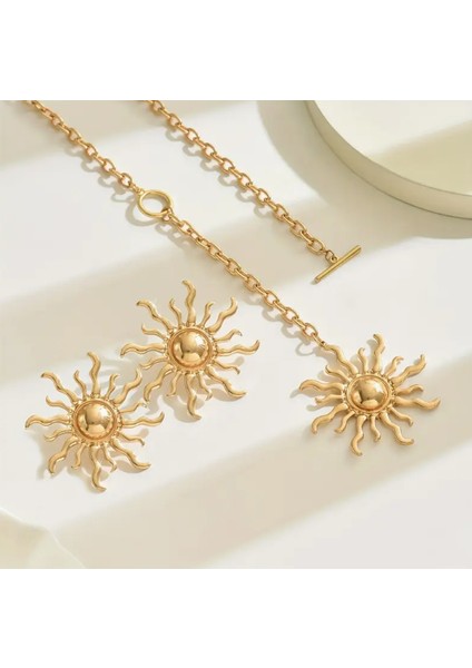 Gold Dekolte Güneş Kolye Küpe Set Şık Kadın Kolye Küpe Set fiyatları