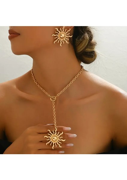 Gold Dekolte Güneş Kolye Küpe Set Şık Kadın Kolye Küpe Set modelleri