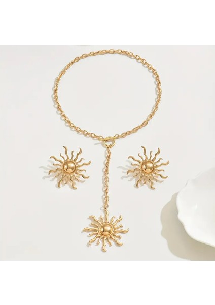 Gold Dekolte Güneş Kolye Küpe Set Şık Kadın Kolye Küpe Set fırsatları