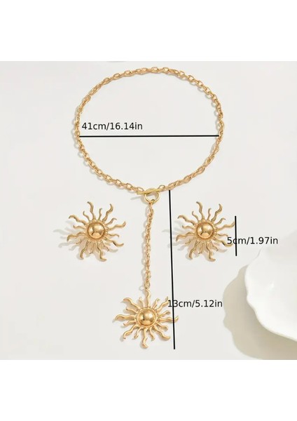 Gold Dekolte Güneş Kolye Küpe Set Şık Kadın Kolye Küpe Set indirimleri
