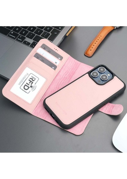 Casper iPhone 15 Pro Kılıf - El Yapımı Hakiki Deri - Manyetik Ayrılabilen Cüzdanlı Kılıf - Pembe