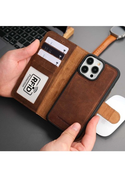 Casper iPhone 15 Pro Kılıf - El Yapımı Hakiki Deri - Manyetik Ayrılabilen Cüzdanlı Kılıf - Antik Kahve