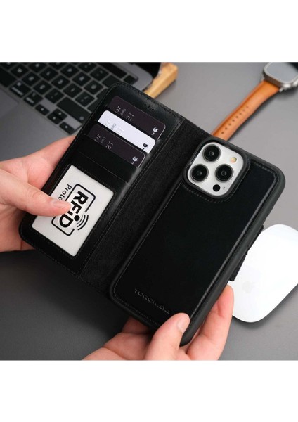 Casper iPhone 16 Pro Kılıf - El Yapımı Hakiki Deri - Manyetik Ayrılabilen Cüzdanlı Kılıf - Siyah