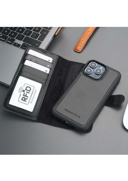 Casper iPhone 16 Pro Kılıf - El Yapımı Hakiki Deri - Manyetik Ayrılabilen Cüzdanlı Kılıf - Siyah