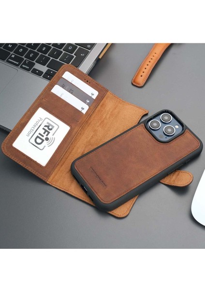 Casper iPhone 13 Pro Kılıf - El Yapımı Hakiki Deri - Manyetik Ayrılabilen Cüzdanlı Kılıf - Antik Kahve