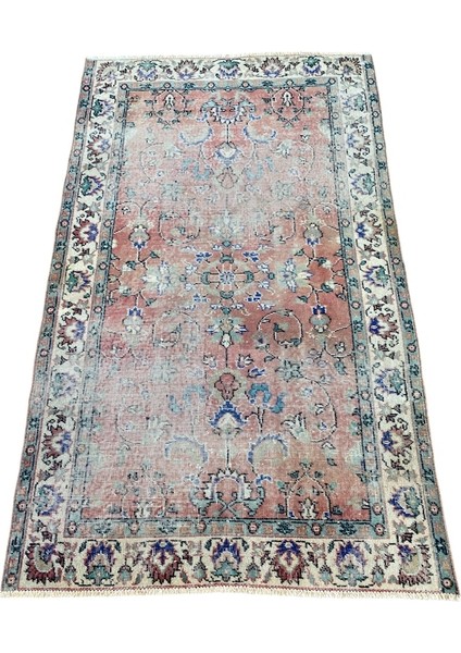 El Dokuma Eskitme Halı 116 x 190 Kahve Lacivert Vintage Yün Halı