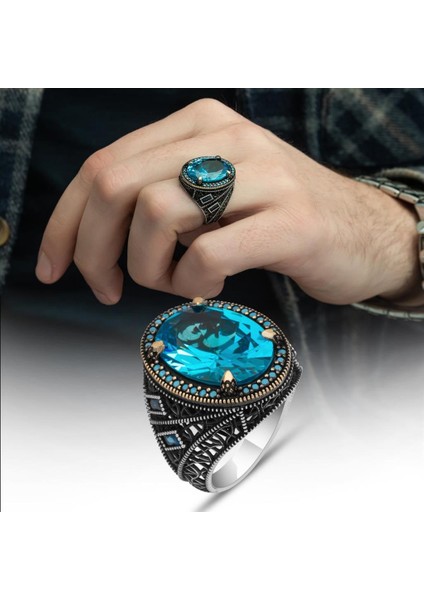 Oval Aqua Mavi Taşlı 925 Gümüş Erkek Yüzük