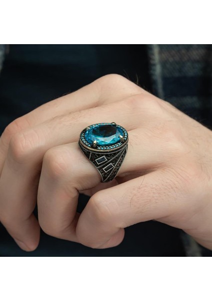 Oval Aqua Mavi Taşlı 925 Gümüş Erkek Yüzük modelleri