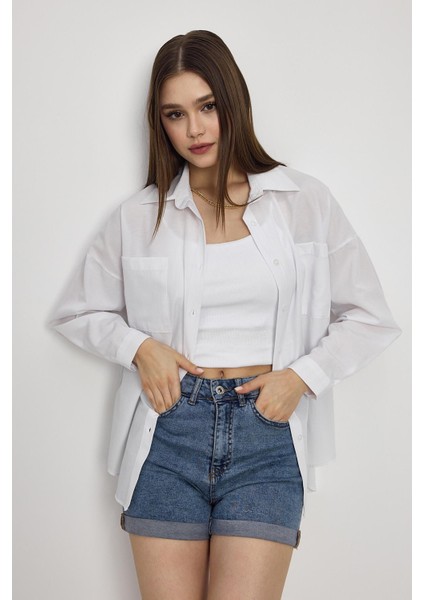 Beyaz Çift Cepli Oversize Uzun Basic Gömlek - TCR-6256A fiyatları