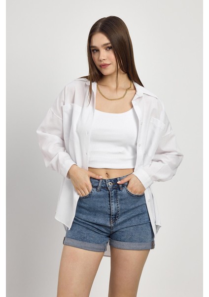 Beyaz Çift Cepli Oversize Uzun Basic Gömlek - TCR-6256A modelleri