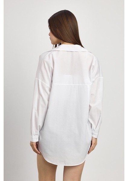 Beyaz Çift Cepli Oversize Uzun Basic Gömlek - TCR-6256A indirimleri