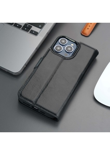 Casper iPhone 16 Pro Kılıf - El Yapımı Hakiki Deri - Manyetik Ayrılabilen Cüzdanlı Kılıf - Siyah