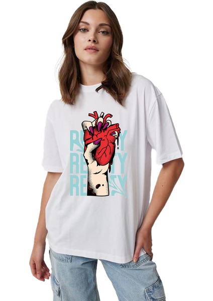 Felix Dies Beyaz Oversize Kalıp Baskılı Kadın T-Shirt