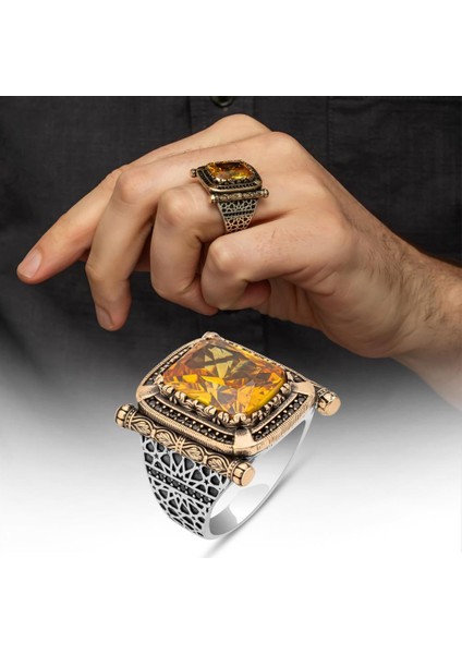 Kare Sarı Sitrin Taşlı 925 Gümüş Erkek Yüzük