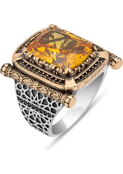 Kare Sarı Sitrin Taşlı 925 Gümüş Erkek Yüzük fiyatları