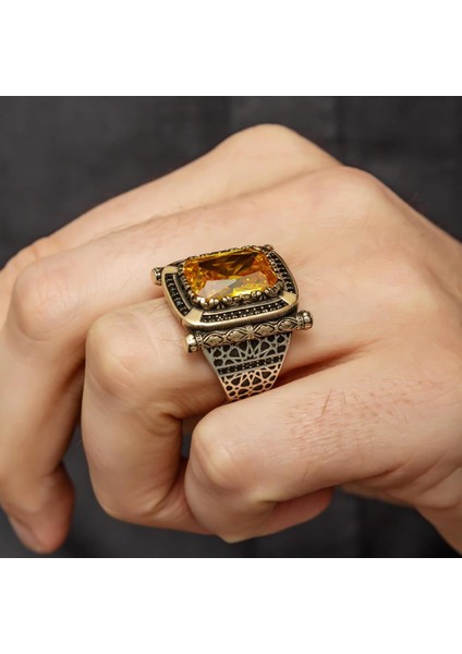 Kare Sarı Sitrin Taşlı 925 Gümüş Erkek Yüzük modelleri