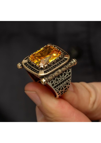 Kare Sarı Sitrin Taşlı 925 Gümüş Erkek Yüzük fırsatları