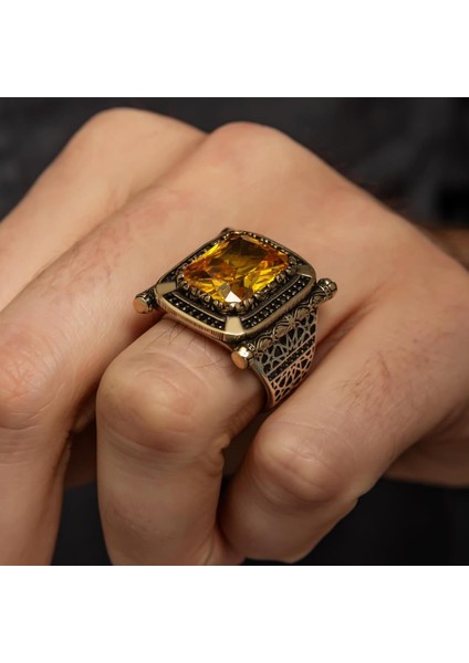 Kare Sarı Sitrin Taşlı 925 Gümüş Erkek Yüzük indirimleri