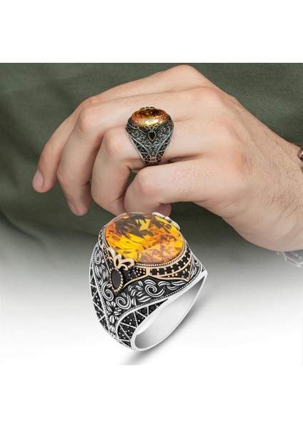 Sitrin Taşlı 925 Gümüş Erkek Yüzük