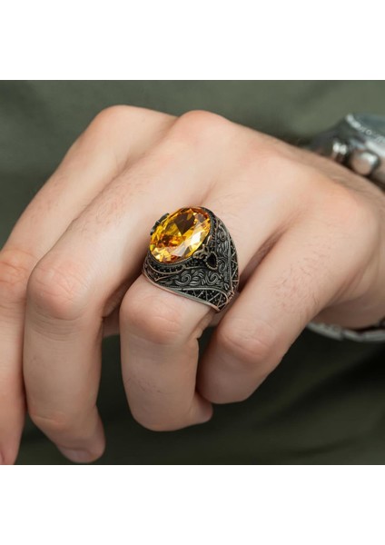 Sitrin Taşlı 925 Gümüş Erkek Yüzük modelleri