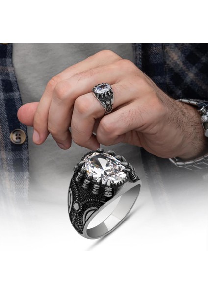 Zirkon Beyaz Taşlı Pençeli Harfli 925 Gümüş Erkek Yüzük