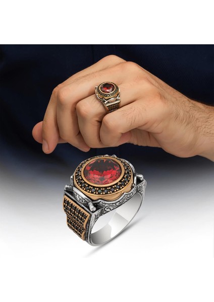 Yuvarlak Kırmızı Taşlı 925 Gümüş Erkek Yüzük
