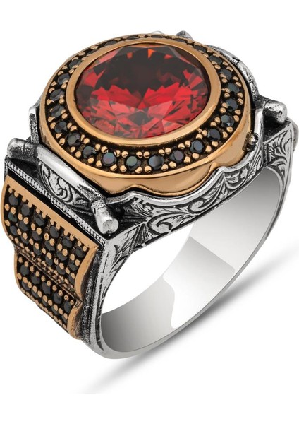 Yuvarlak Kırmızı Taşlı 925 Gümüş Erkek Yüzük fiyatları