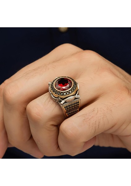Yuvarlak Kırmızı Taşlı 925 Gümüş Erkek Yüzük modelleri