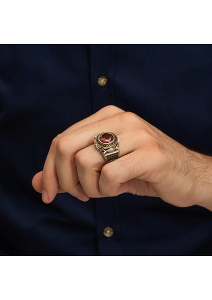 Yuvarlak Kırmızı Taşlı 925 Gümüş Erkek Yüzük fırsatları
