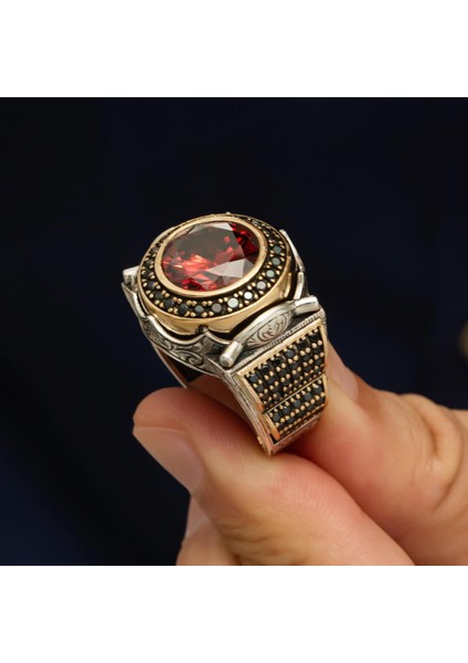 Yuvarlak Kırmızı Taşlı 925 Gümüş Erkek Yüzük indirimleri