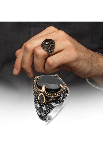Oval Siyah Taşlı 925 Gümüş Erkek Yüzük