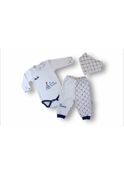 bbyx 3-6 6-9 9-12 Ay My Camping Nakışlı Bandajlı Uzun Kollu Zıbınlı 3lü Erkek Bebek Takımı