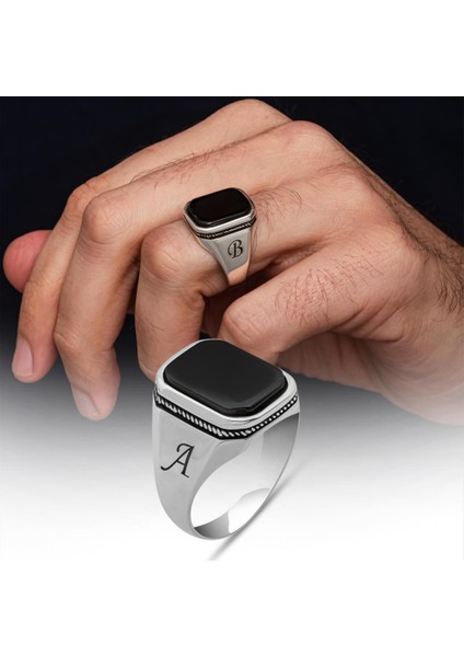 Oniks Taşlı Harfli 925 Gümüş Yüzük