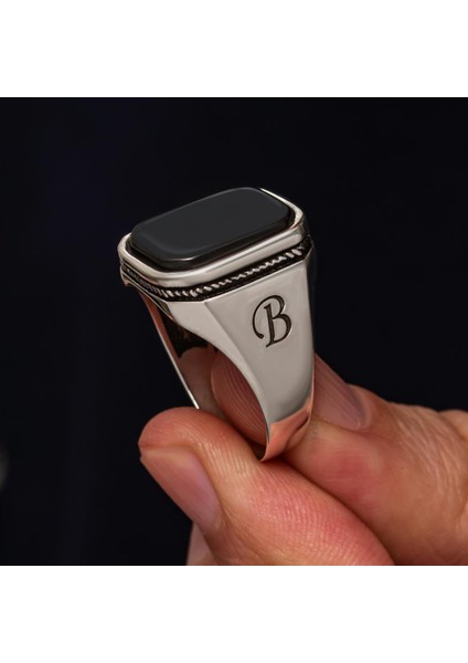 Oniks Taşlı Harfli 925 Gümüş Yüzük modelleri