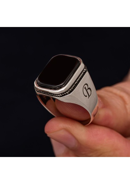 Oniks Taşlı Harfli 925 Gümüş Yüzük fırsatları