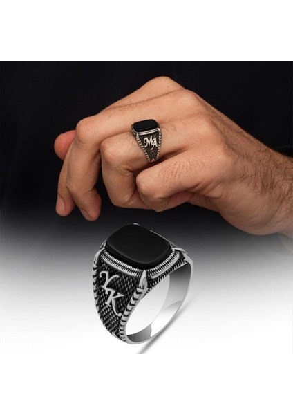 Oniks Taşlı Harfli 925 Gümüş Yüzük