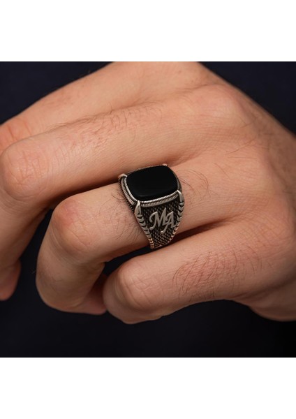 Oniks Taşlı Harfli 925 Gümüş Yüzük modelleri