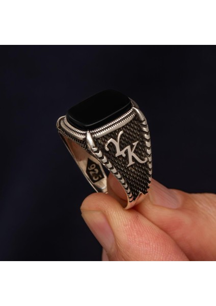 Oniks Taşlı Harfli 925 Gümüş Yüzük fırsatları