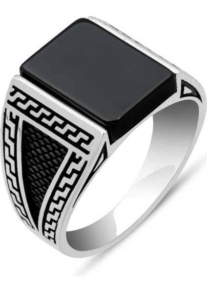 Kare Siyah Taşlı Grek Motif 925 Gümüş Erkek Yüzük