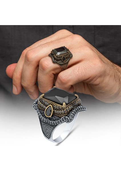 Siyah Taşlı 925 Gümüş Erkek Yüzük